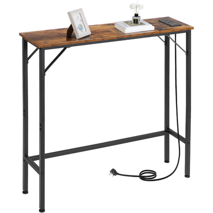 AMHANCIBLE Console Table with Charging Station, Narrow Sofa Table, 1 AC Socket & USB Ports, Entrance Table, Narrow Side Table for Living Room, Metal Frame, Brown
