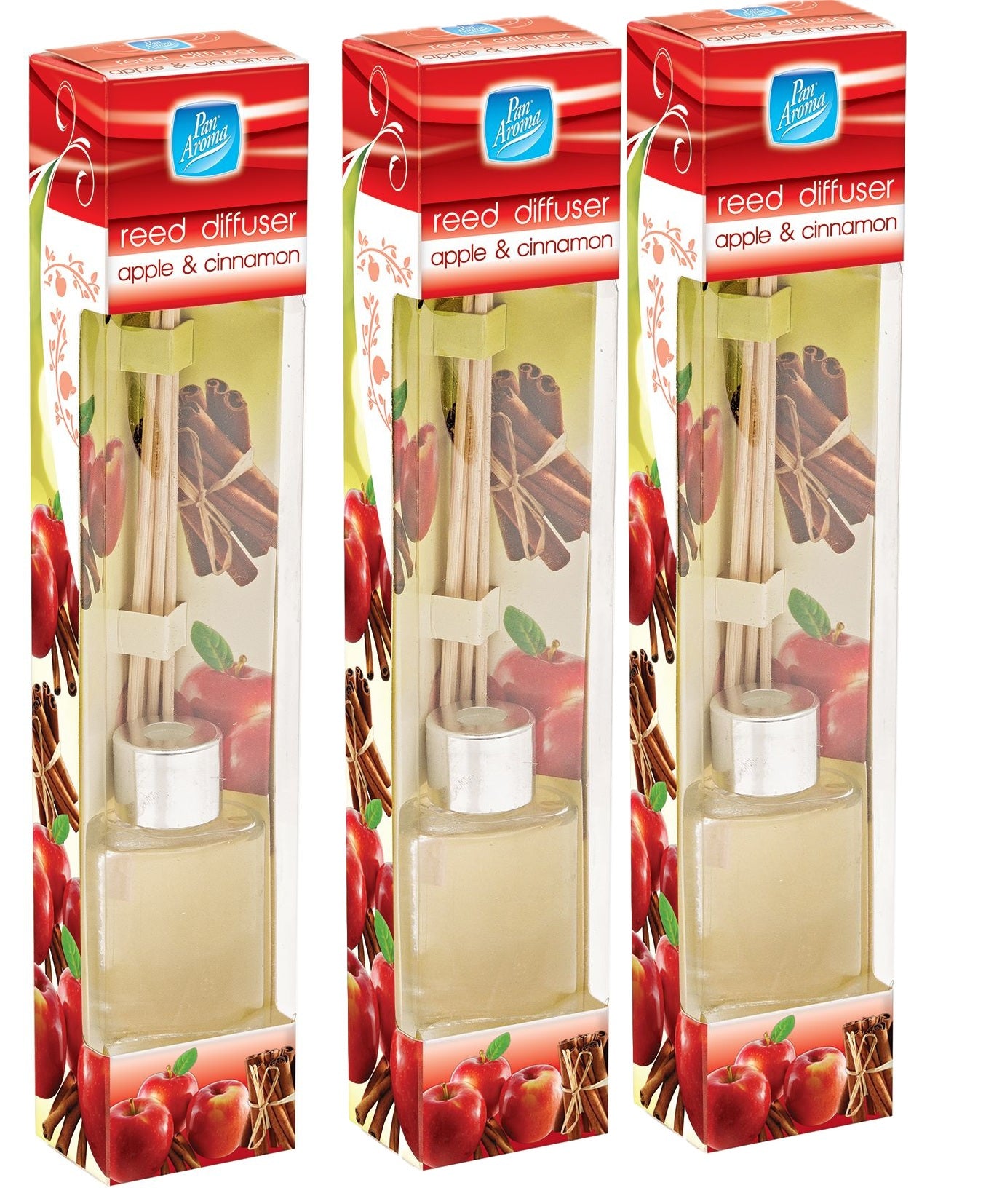 3x Pan Aroma Reed Diffuser Apple & Cinnamon 30ml Home Fragrance Diffuser for Warm Spiced Scent