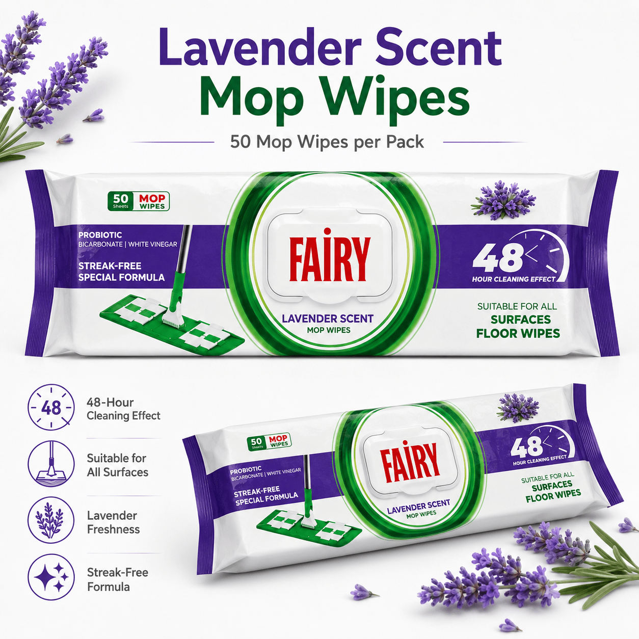 Fairy Power Lavender Scented Floor Cleaning Towels – 50 Mop-Compatible Disposable Wipes, Suitable for All Surfaces, Dermatologically Tested, Streak-Free Clean
