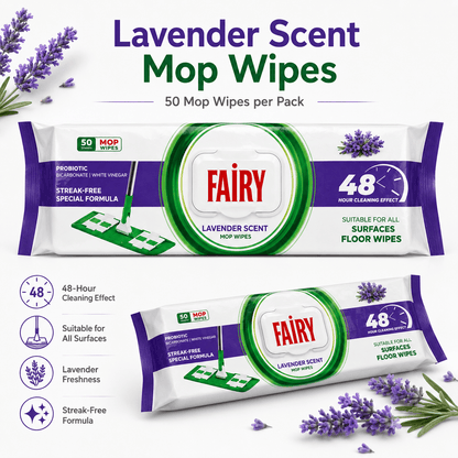 Fairy Power Lavender Scented Floor Cleaning Towels – 50 Mop-Compatible Disposable Wipes, Suitable for All Surfaces, Dermatologically Tested, Streak-Free Clean