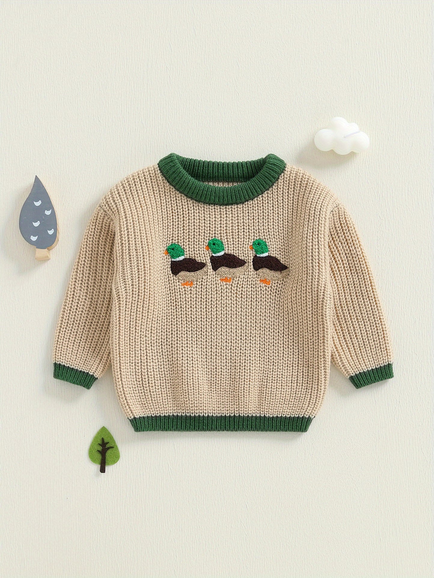 Toddler Boy Girl Fall Sweaters Long Sleeve Round Neck Duck Embroidery Tops Toddler Sweatshirts
