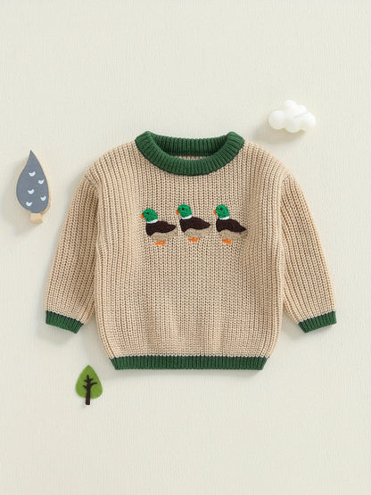Toddler Boy Girl Fall Sweaters Long Sleeve Round Neck Duck Embroidery Tops Toddler Sweatshirts