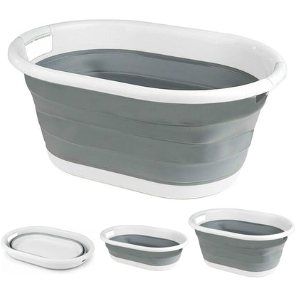 Foldable Laundry Basket Plastic - Small Collapsible Washing Baskets for Clothes - Portable and Ideal for Space Saving Storage Oval Shape - Grey