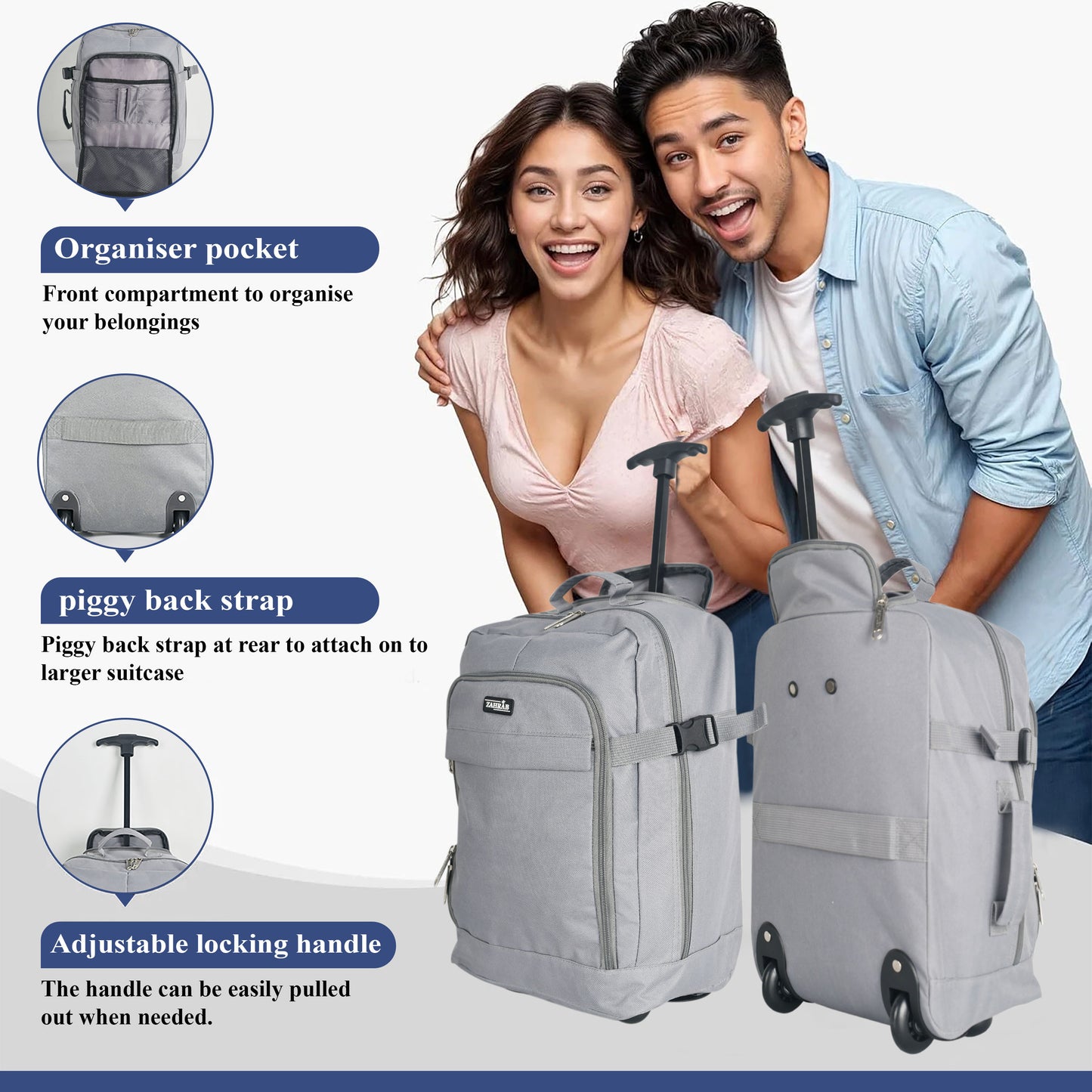 ZAHRAB 40x30x20cm Cabin Bag Underseat Bag Lightweight Hand Luggage Cabin Trolley with Wheels Flight Bags Suit Case