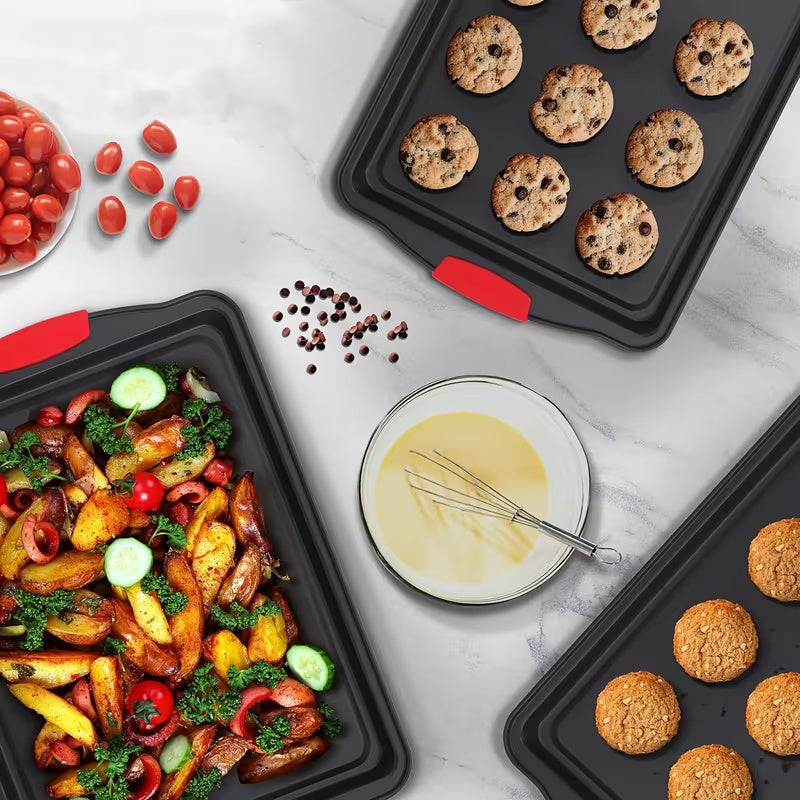 3pcs Heavy-Duty Carbon Steel Non Stick Baking Tray Set - Commercial Grade Oven Biscuit Baking Tray with Red Silicone Texture Anti Slip Layer, No Sharp Edges, Suitable for Home And Professional Kitchens, Ovens, Grills, Compatible with Various Baking Scenar