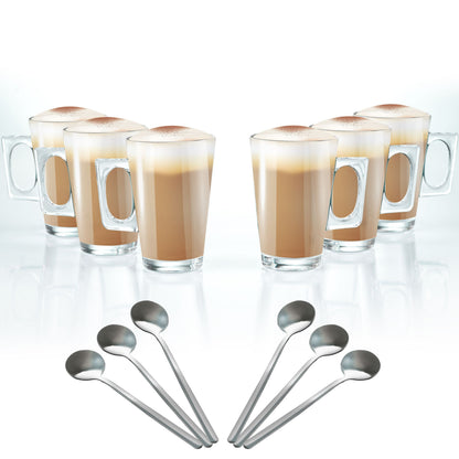 Set of 6 Latte Glasses, Latte Mugs 240 ml Temperature Resistant - Stylish Latte Cups Hot Drink Cafe Mugs - Ideal for Ice Cream Latte, Cappuccino & Hot Chocolate - Transparent