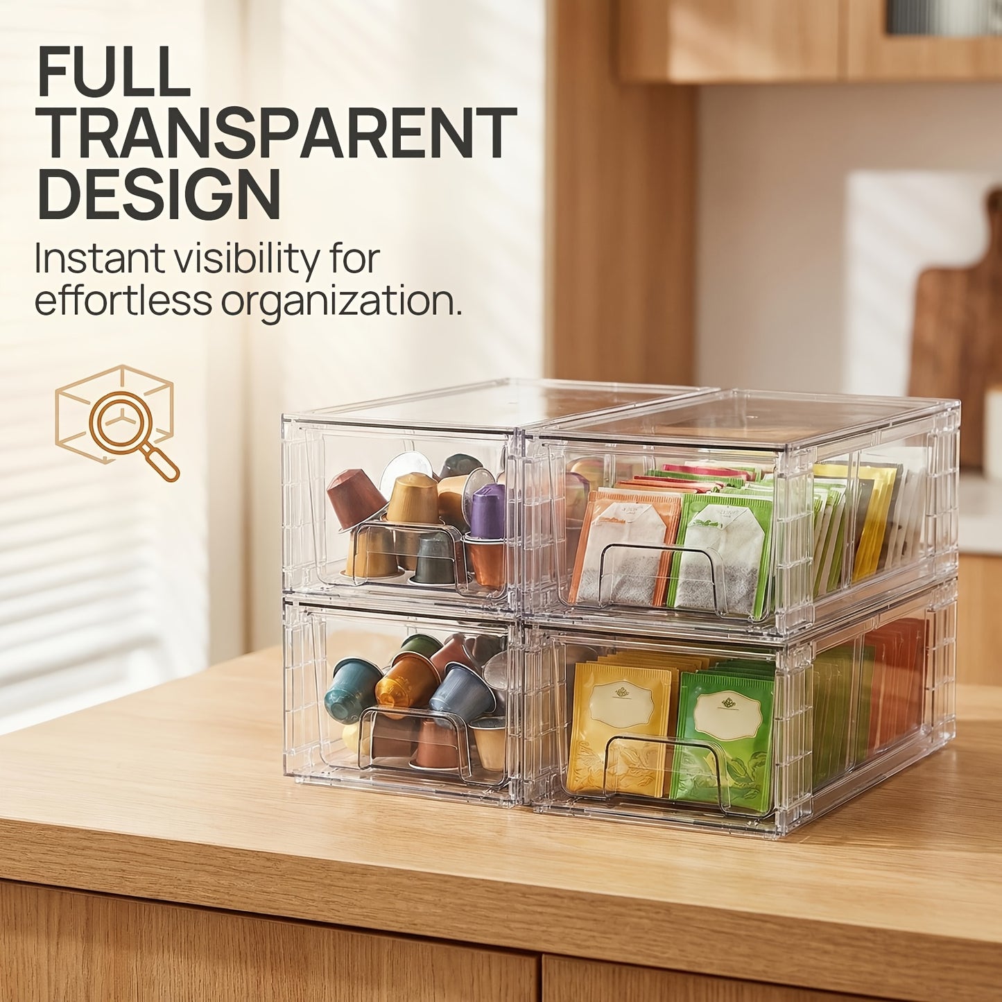 4 Pack Stackable Storage Drawers, Refrigerator Organizer, Clear Acrylic Drawer Organizers with Handles, Easily Assemble Containers for Fridge, Bathroom, Kitchen Undersink, Cabinet, Pantry Organization And Storage