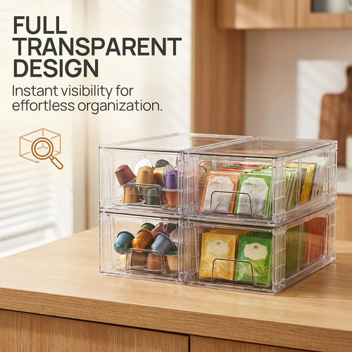 4 Pack Stackable Storage Drawers, Refrigerator Organizer, Clear Acrylic Drawer Organizers with Handles, Easily Assemble Containers for Fridge, Bathroom, Kitchen Undersink, Cabinet, Pantry Organization And Storage