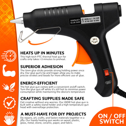 Hot Melt Glue Gun Machine Set with Glue Sticks 11mm Thin 20cm Long for Art & Crafts Kit School, Home - 100w Professional Electric UK Plug Heavy Duty - No-Drip Metal Tip, Safety Stand, Easy to Press Trigger