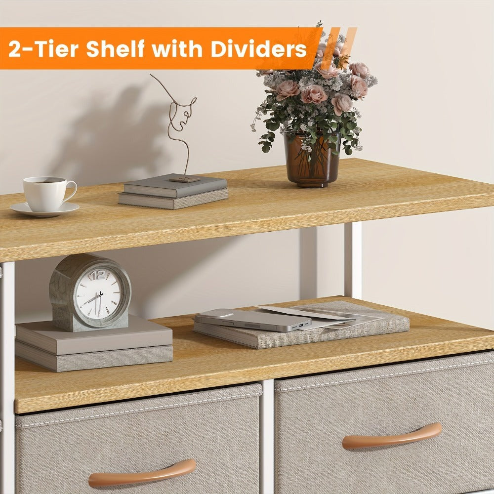 8 Drawer Chest of Drawers with Fabric Fronts & Wooden Top – Large Storage Dresser Organiser Unit for Bedroom & Living Room