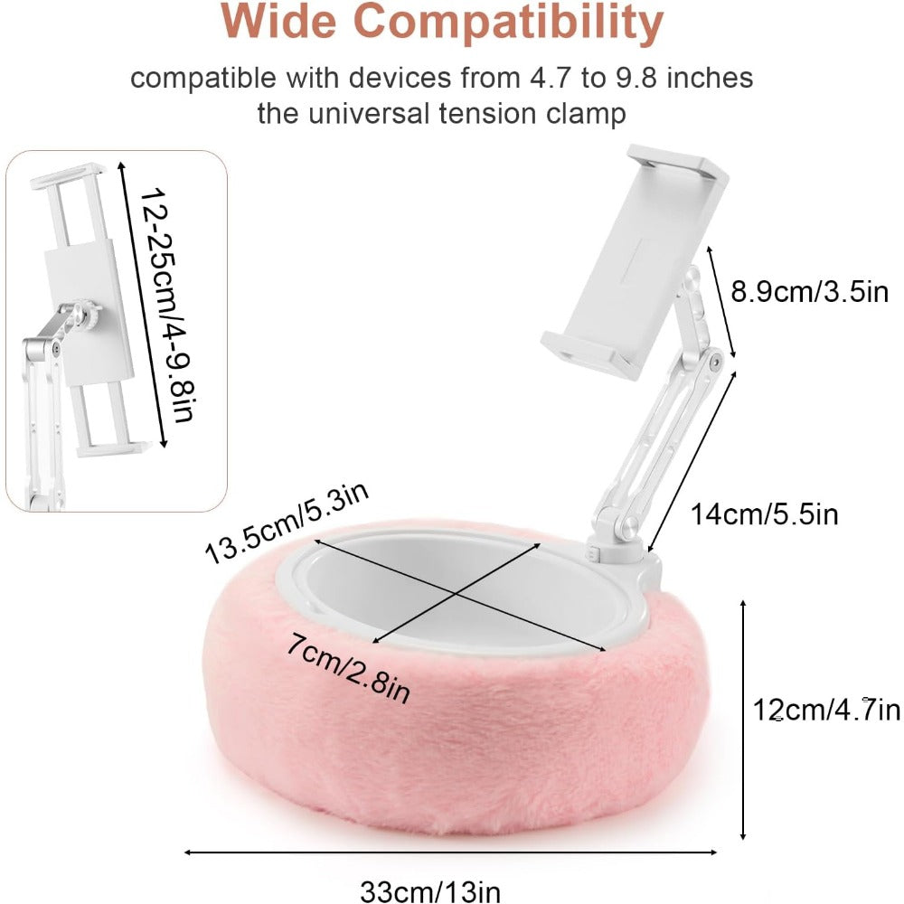 Plush Pillow Tablet Stand Holder with Snack Bowl 360° Rotating Clip 180° Foldable Arm for iPad Kindle iPhone 4.7–9.8 Inch – Hands-Free Lap Cosy Reading Stand for Bed Sofa Car Pink