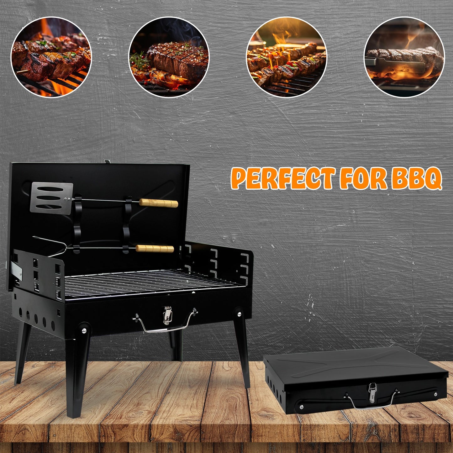 Portable BBQ Charcoal Grill - Folding Small Travel BBQ Grill with Tool Set - Mini Foldable Steel BBQ Grill for Camping, Garden, Picnic, Outdoor - Black