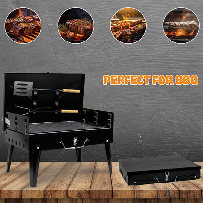 Portable BBQ Charcoal Grill - Folding Small Travel BBQ Grill with Tool Set - Mini Foldable Steel BBQ Grill for Camping, Garden, Picnic, Outdoor - Black