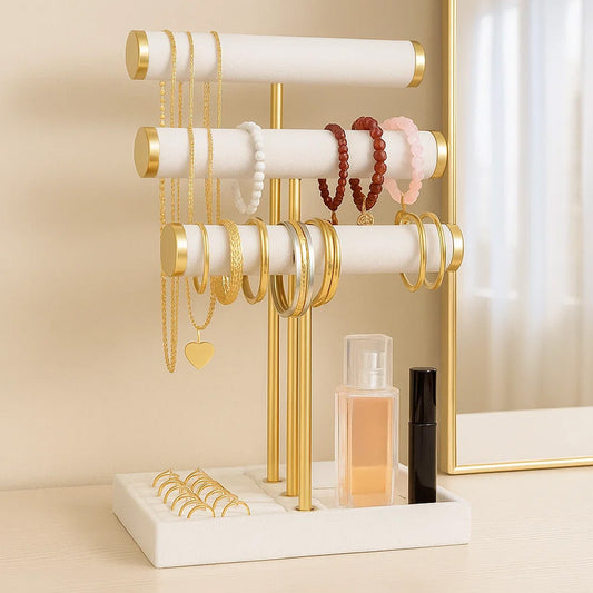 Triple-Layer Bracelet Stand Jewelry Display Stand Bracelet Holder Stand with Velvet-Lined Shelves - Oval Watch Bracelet Organizer for Home Decor, Boutique, or Desktop Storage - Multi-Purpose Jewelry Organizer Stand, Jewelry Stand, Sleek Wooden Design, Dur