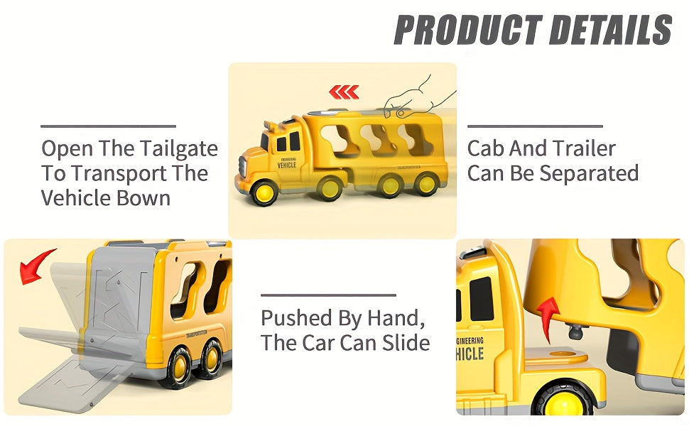 Construction Truck Toys for 3 4 5 Boys, 5-In-1 Kids Carrier Construction Trucks Cars for Boy Toys Birthday, Car Trucks Friction Power Toys with Light And Sound