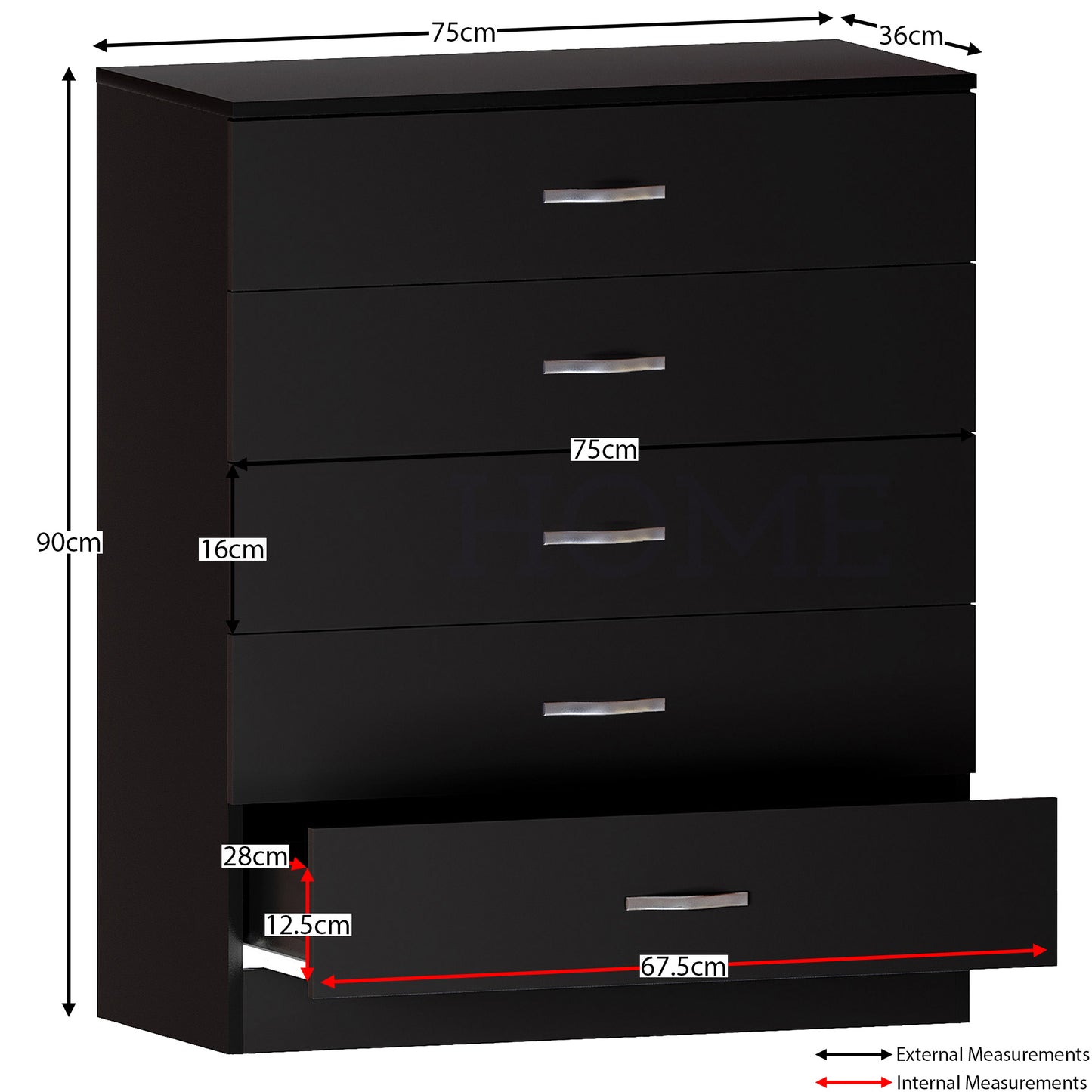 Chest of Drawers, 5 Drawers Chest of Drawers Dresser With Metal Handles and Runners Unique Anti-Bowing Drawer Support Spacious Bedroom Furniture, Available in White, Black, Grey, Pine Storage Furniture