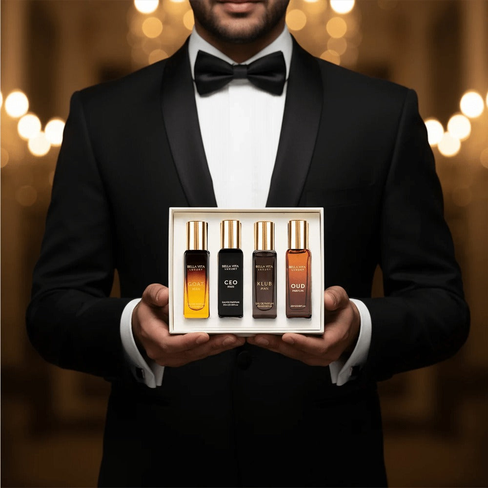 BellaVita Luxury Men's Perfume Gift Set 4x20ml EDP – CEO, Klub, Oud & G.O.A.T. Fragrance Sampler, Woody Citrus Oud Cologne for Men, Perfect Christmas Birthday Gift for Him