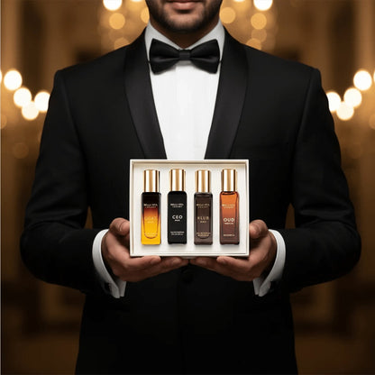 BellaVita Luxury Men's Perfume Gift Set 4x20ml EDP – CEO, Klub, Oud & G.O.A.T. Fragrance Sampler, Woody Citrus Oud Cologne for Men, Perfect Christmas Birthday Gift for Him