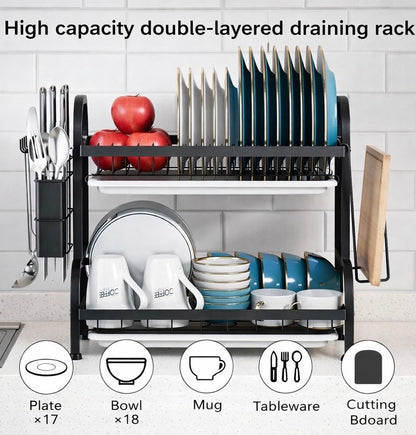 2 Tier Dish Drying Rack with Drip Tray Large Capacity Kitchen Organiser for Plates Bowls & Utensils Space Saving Storage Solution Household
