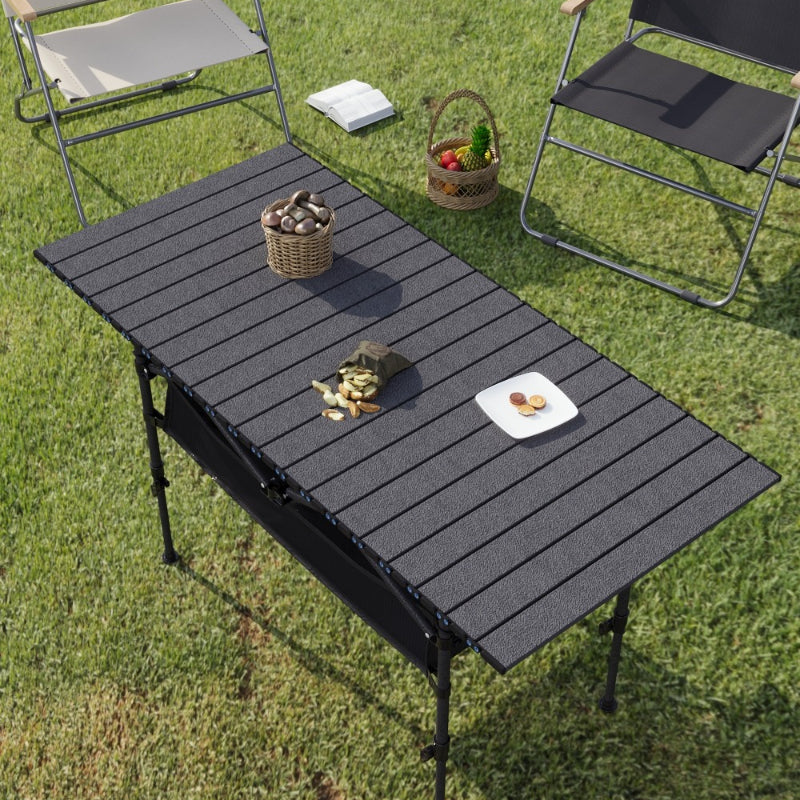 Adjustable Height Folding Table 50-80cm | Carbon Steel Frame | Removable Mesh Pocket | Non-Slip Feet | Indoor Outdoor Dining Party Camping Table | Black & Wood Grain