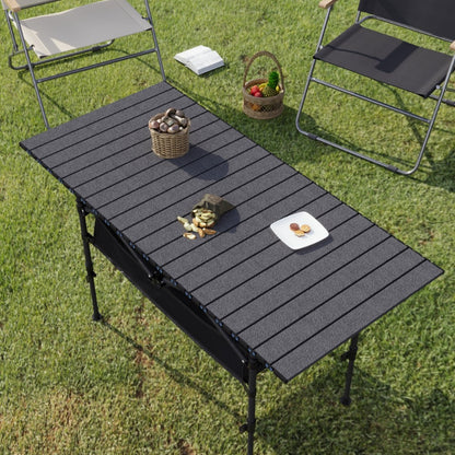 Adjustable Height Folding Table 50-80cm | Carbon Steel Frame | Removable Mesh Pocket | Non-Slip Feet | Indoor Outdoor Dining Party Camping Table | Black & Wood Grain