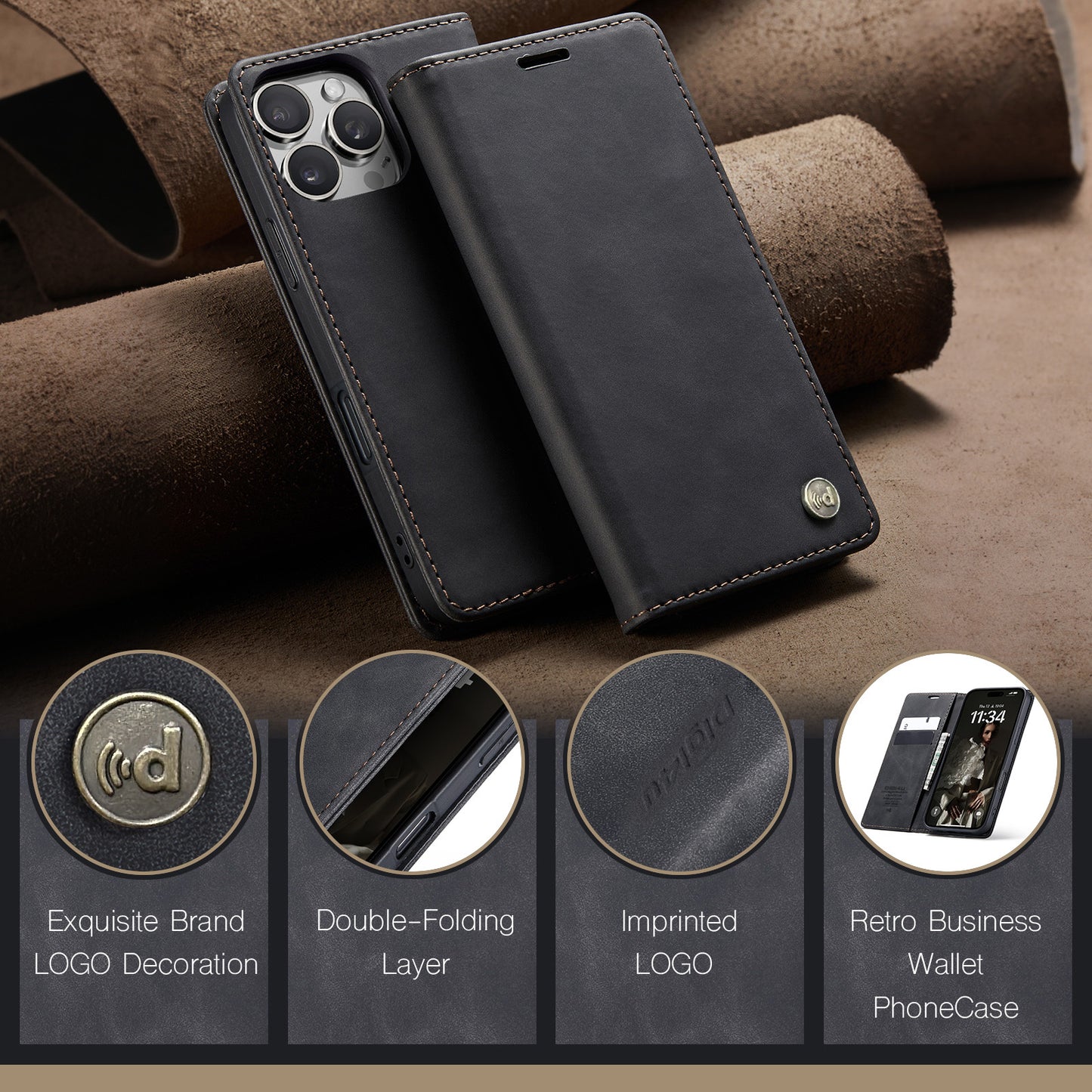 Upgraded Faux Leather Flip Cover Wallet Case For iPhone 16 Plus 16 Pro Max with Card Holder, Magnetic Closure, and Stand Function Phone Case