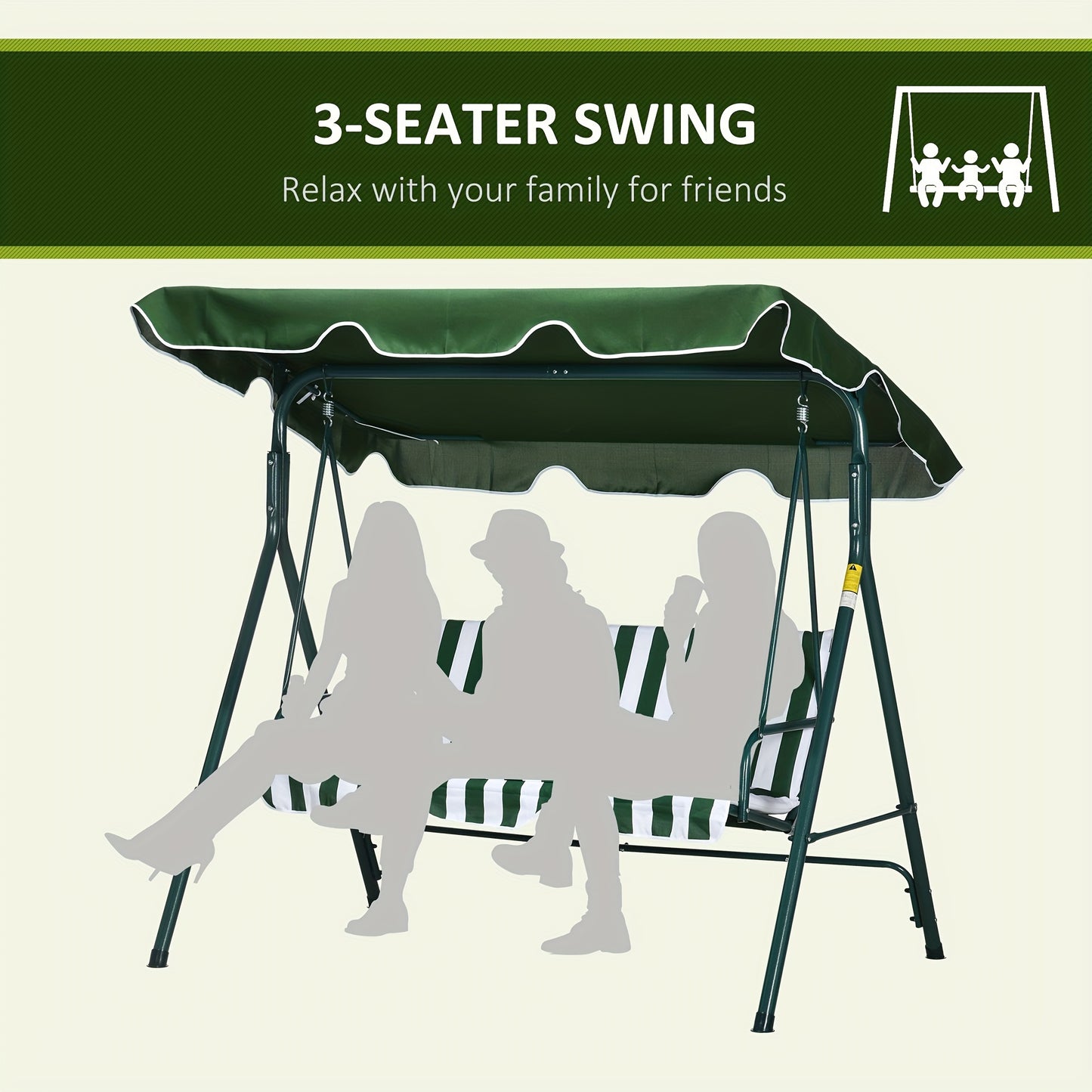 3 Seater Swing Chair With Adjustable Canopy, Garden Swing Seat With Steel Frame, Padded Seat, Green