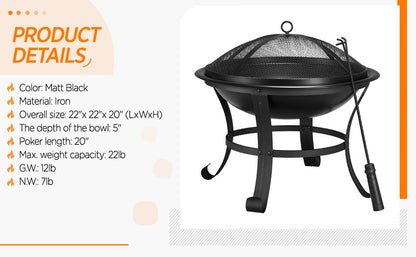 Costoffs Fire Pit, Outdoor Fire Pit Round Steel Fire Bowl for Camping, Hiking and Beach Parties, Patio Fire Pit with Mesh Screen Cover Fire Poker Log Grate for Yards, Porches, Patio, Stores, Patio BBQ Camping Bonfire, Black