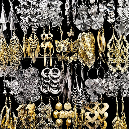 [Women's Jewelry Set] 6/12 Pairs/Bag Women's Jewelry Set - Retro Fashion Elegant Hollow Out Multi-Layer Pendant Earrings - Butterfly Leaf Geometric Shape Exaggerated Bold Design - Suitable for Parties And Casual Parties Gifts - Mixed Layered Hanging Women