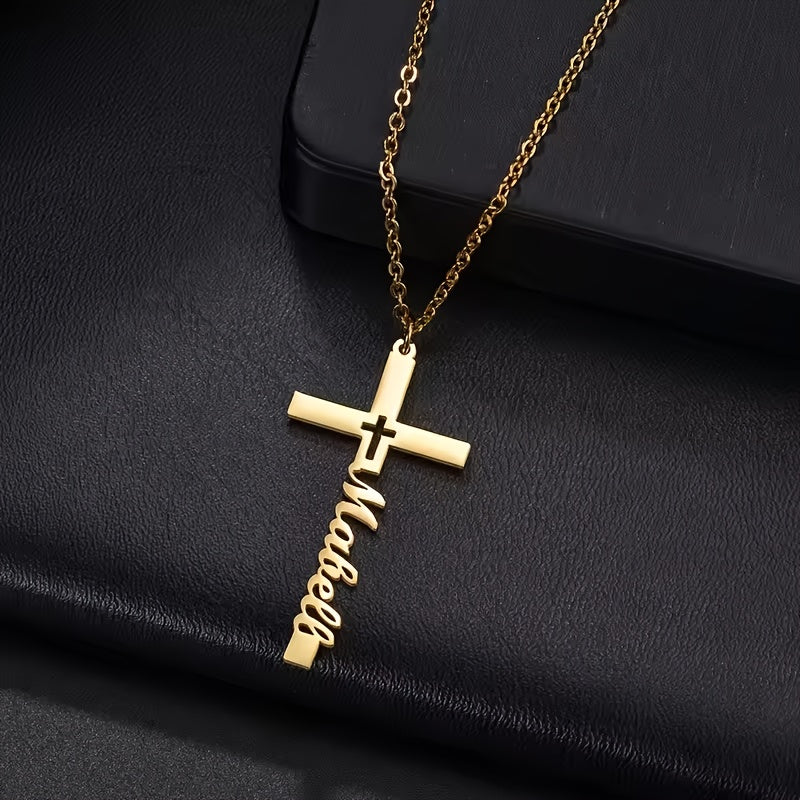 Golden Silvery Personalized Custom Name Necklace 1pc, Hollow Cross Pendant, Women Girlfriend Gift Jewelry, Easter Religious Belief Gift, Suitable for Women Mom
