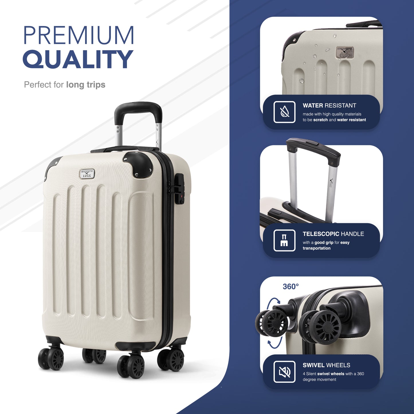 LUGG 55x35x23cm Skywander Lightweight Travel Cabin Bag Carry On Approved Suitcase ABS Shell Protection Water Resistant & Safe Locking System Easyjet Overhead Compliant (20inch)