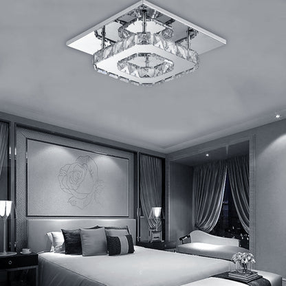 Contemporary Mini Crystal Chandelier, Square Single-layer LED Crystal Ceiling Light, Plain Crystal Ceiling Lighting Chrome Crystal Pendant, 12W 6000K Cold White Light, for Living Room Kitchen Office Bedroom Dining Room Island, 21*21cm/ 8.27*8.27inch.