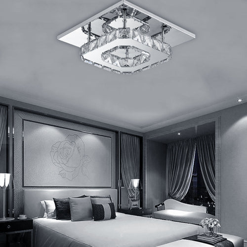 Contemporary Mini Crystal Chandelier, Square Single-layer LED Crystal Ceiling Light, Plain Crystal Ceiling Lighting Chrome Crystal Pendant, 12W 6000K Cold White Light, for Living Room Kitchen Office Bedroom Dining Room Island, 21*21cm/ 8.27*8.27inch.