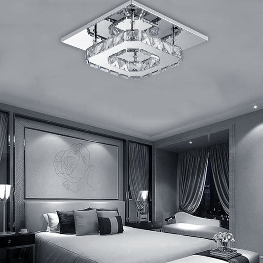 Contemporary Mini Crystal Chandelier, Square Single-layer LED Crystal Ceiling Light, Plain Crystal Ceiling Lighting Chrome Crystal Pendant, 12W 6000K Cold White Light, for Living Room Kitchen Office Bedroom Dining Room Island, 21*21cm/ 8.27*8.27inch.