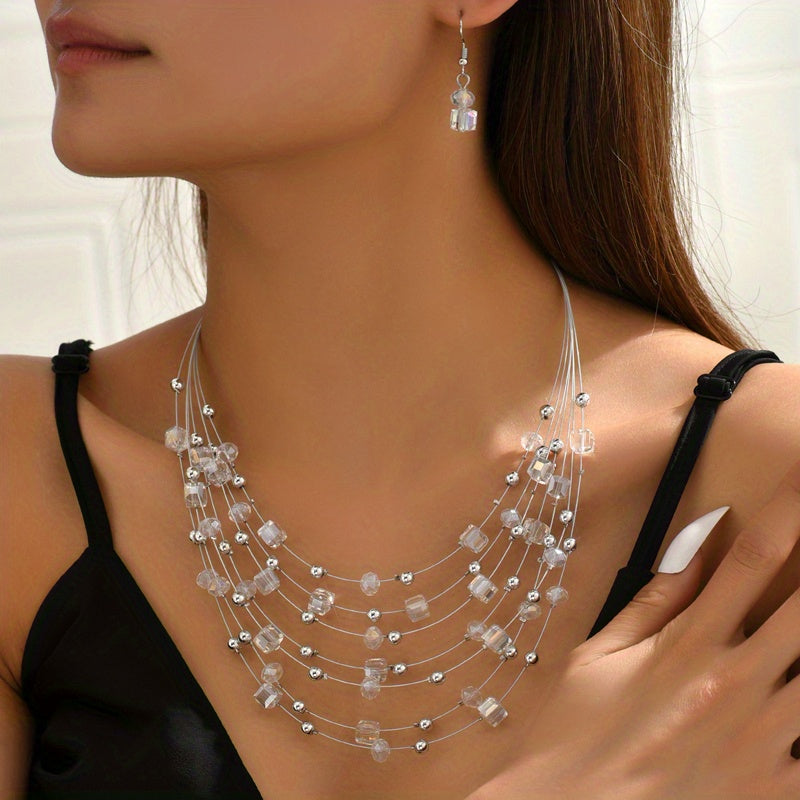 Elegant Boho Jewelry Set: Multilayer Square Necklace & Earrings | Resin, Ideal for Banquet, Daily Wear or Gifts