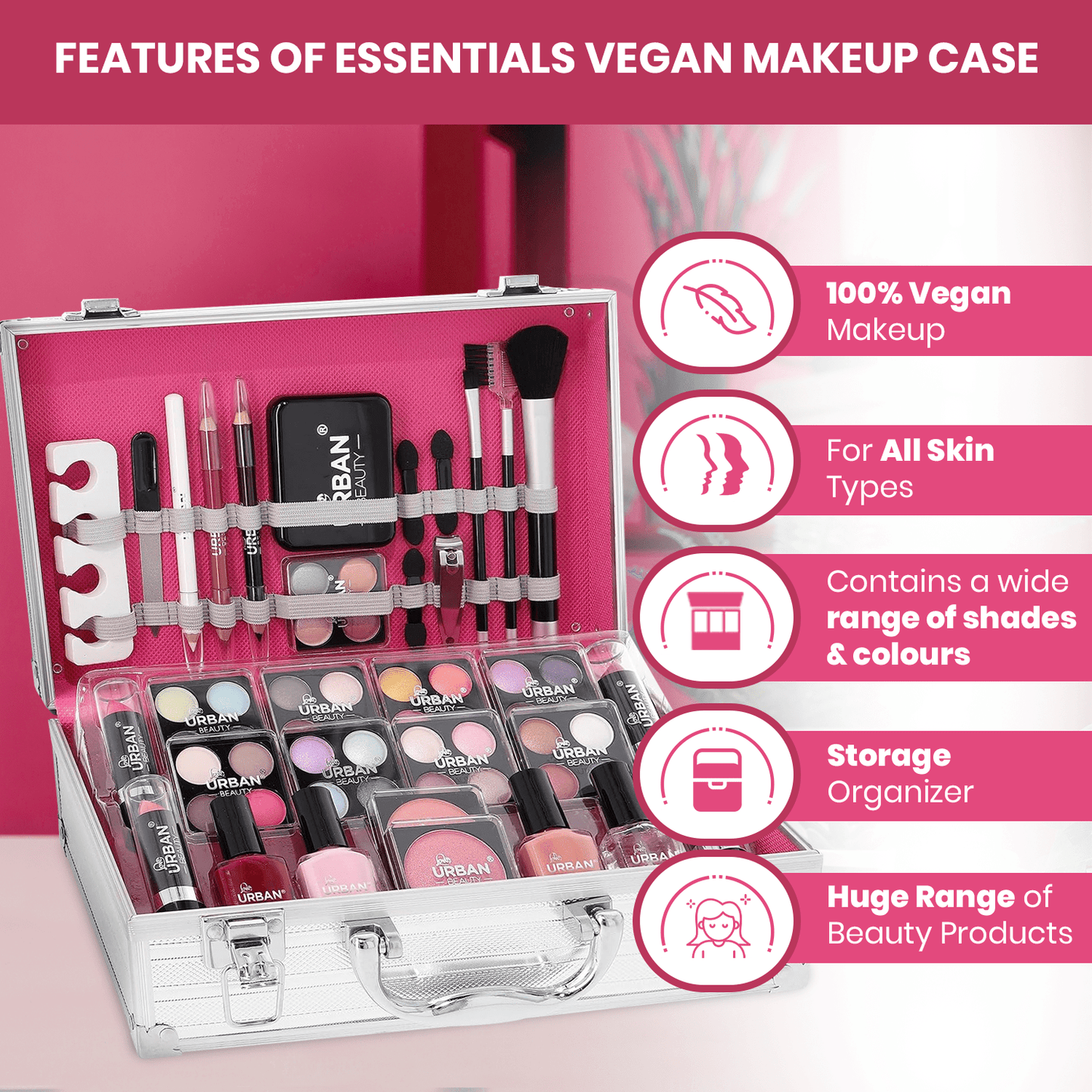 LOVE URBAN BEAUTY Essentials Vegan Makeup Case – 64-Piece Vegan Makeup Cosmetics Set for Teenagers – Elegant Silver Box – Compact and Lightweight Design – Travel-Friendly Women’s Makeup Set