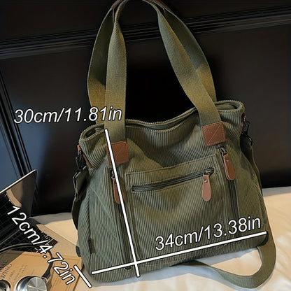 Corduroy Tote Bag Women Large Capacity – Adjustable Shoulder Strap, Multi-Pocket Crossbody Handbag for Work, Shopping & Daily Commute | Beige Vintage Style