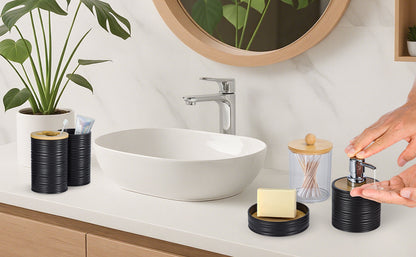 8-Piece Bamboo & Plastic Bathroom Accessories Set, Complete Bathroom Organiser with Toothbrush Holder, Soap Dispenser, Tumbler, Soap Dish, Qtip Holder, Toilet Brush & Waste Bin