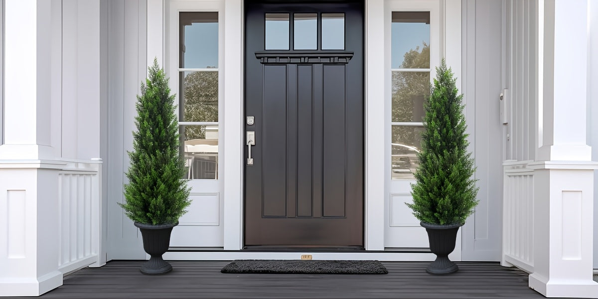 Artificial Cedar Trees in Pots Set of 2 Realistic Faux Cypress Topiary Plants Indoor Outdoor Front Door Porch Patio Christmas Decor UK
