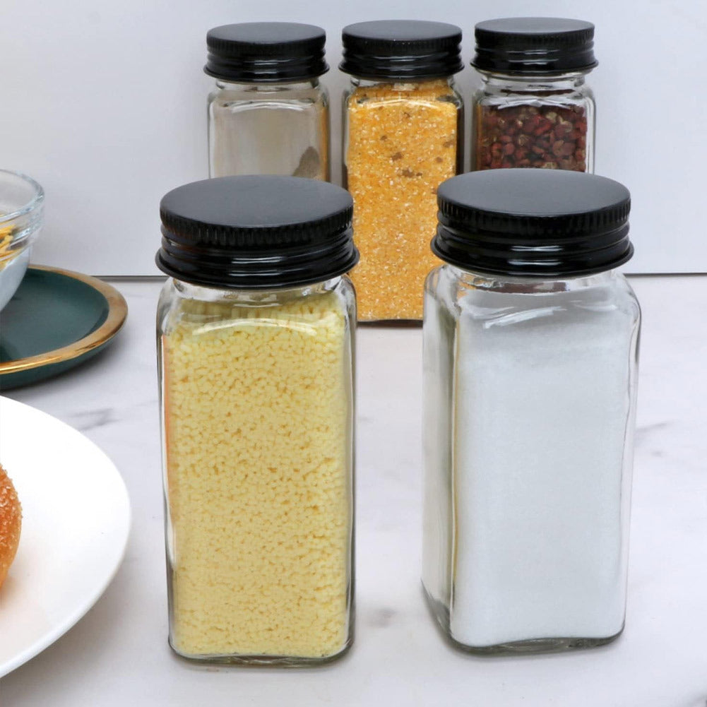 24pcs Glass Spice Jars with Lids, 120ml Spice Storage Jars Seasoning Container Reusable Salt Pepper Shaker with Airtight Lid Labels, Pen, Funnel for Spice, Black, Kitchen and Seasoning