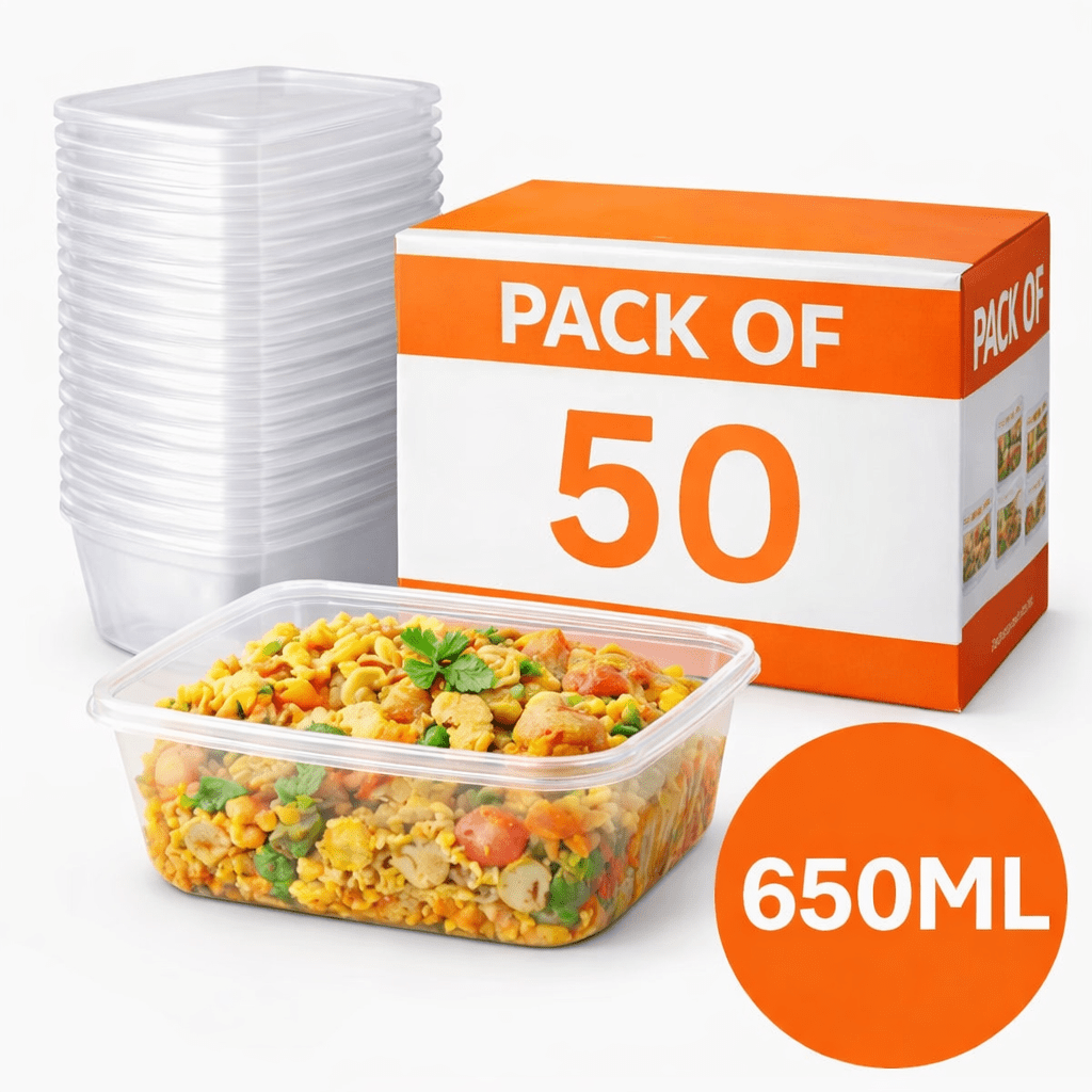 650ml Plastic Food Containers with Lids – Reusable Meal Prep & Takeaway Boxes, Microwave & Freezer Safe Storage for Home, Kitchen & Catering Use, Kitchen or Commercial Use, Pack of 50 Clear