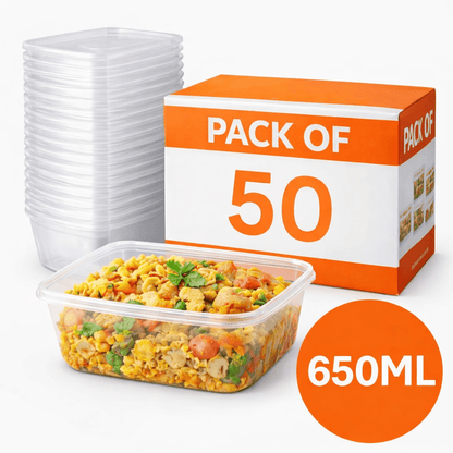 650ml Plastic Food Containers with Lids – Reusable Meal Prep & Takeaway Boxes, Microwave & Freezer Safe Storage for Home, Kitchen & Catering Use, Kitchen or Commercial Use, Pack of 50 Clear