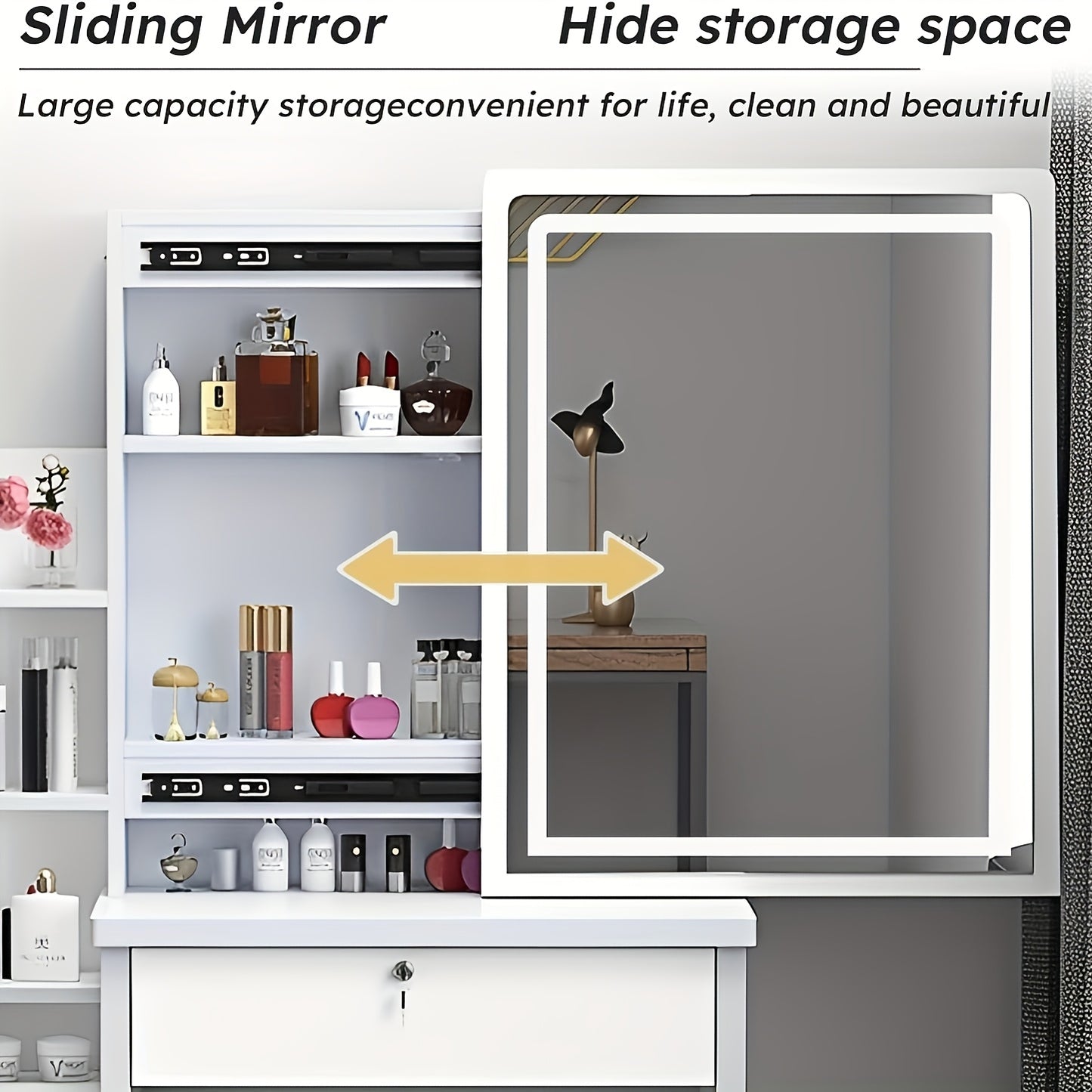 Dressing Table with LED Lights And Adjustable Brightness, Vanity Desk with Mirror, 4 Drawers, 6 Hidden Shelves, And Stool, Makeup Desk for Bedroom, Modern Makeup Table with Mirror And Chair (White)