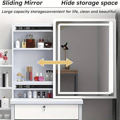 Dressing Table, Vanity Desk with Mirror, Makeup Desk, Modern Makeup Table with Mirror And Chair, LED Lights with Adjustable Brightness, 4 Drawers, 6 Hidden Shelves, for Bedroom, White/Black
