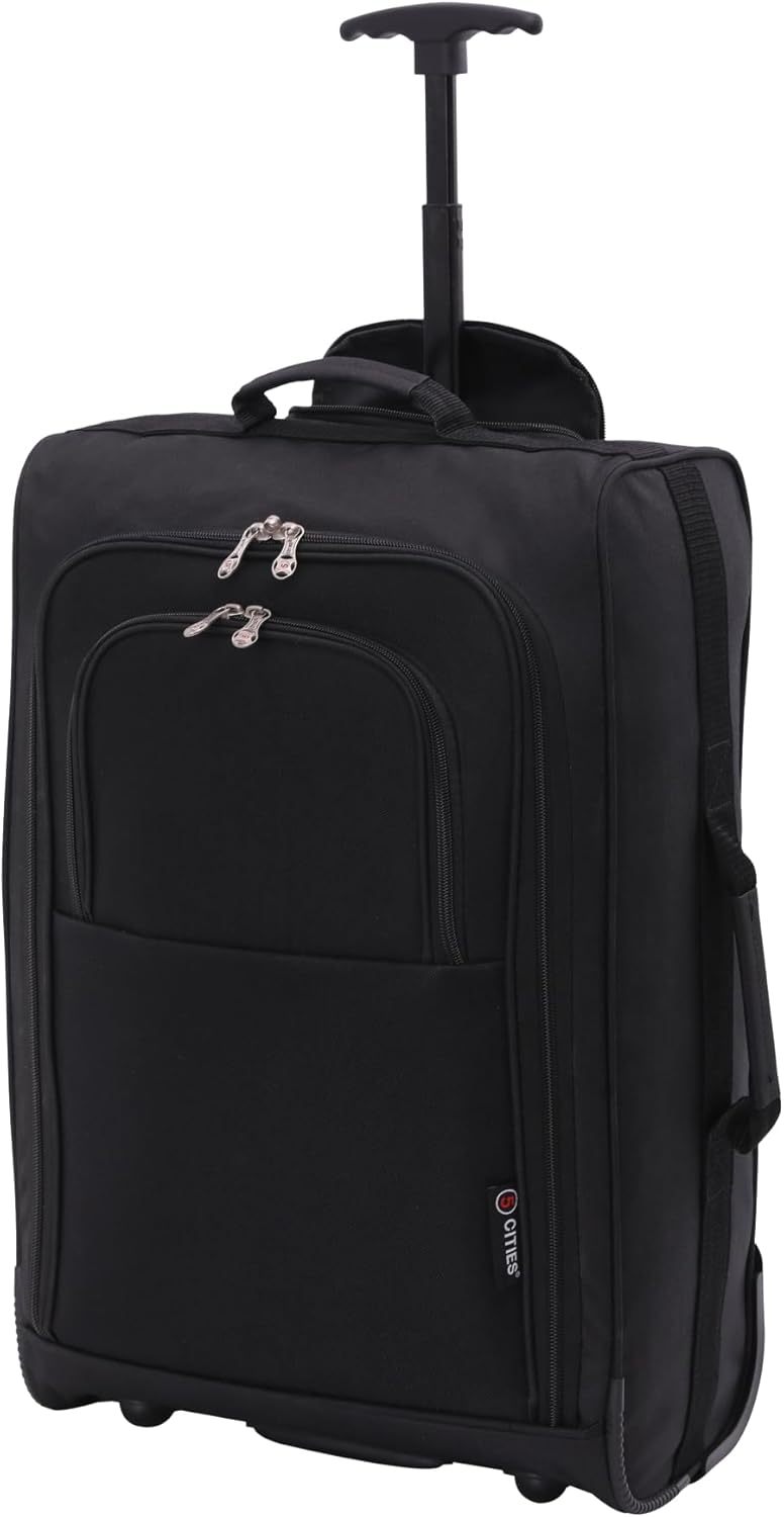5 Cities 21” / 55cm Lightweight Carry On Travel Cabin Trolley Bag with Wheels, Cabin Approved Hand Luggage, 2 Year Warranty – Black