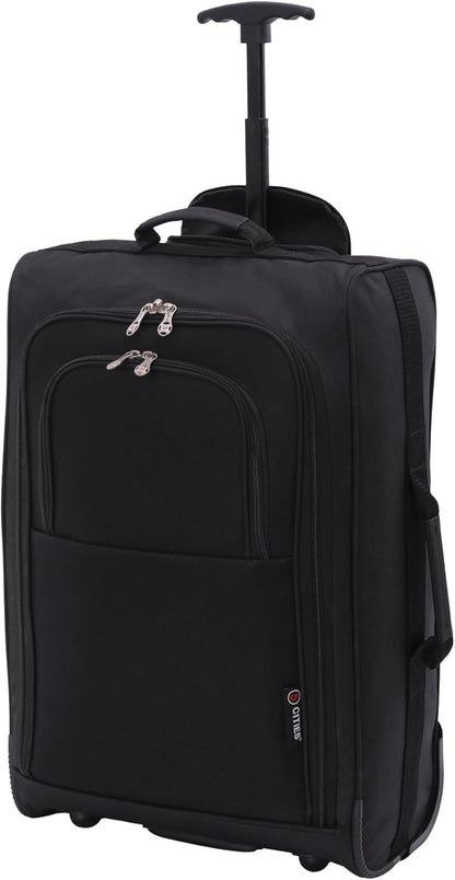 5 Cities 21” / 55cm Lightweight Carry On Travel Cabin Trolley Bag with Wheels, Cabin Approved Hand Luggage, 2 Year Warranty – Black