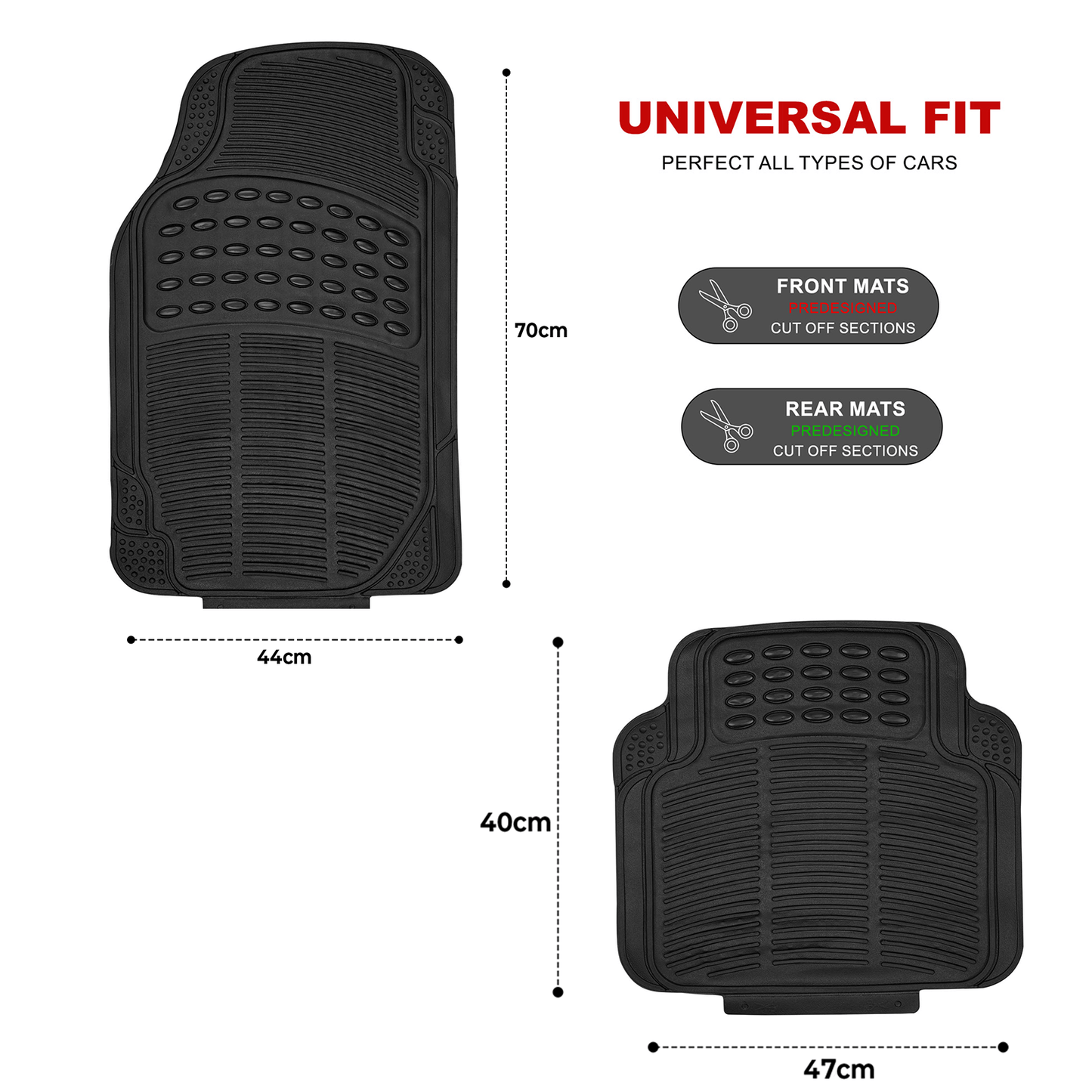 Heavy Duty Rubber Car Mats Universal Non Slip Floor Mats or Waterproof Boot Liner | Trim to Fit All Weather Protection for Cars, Vans, SUVs & Trucks