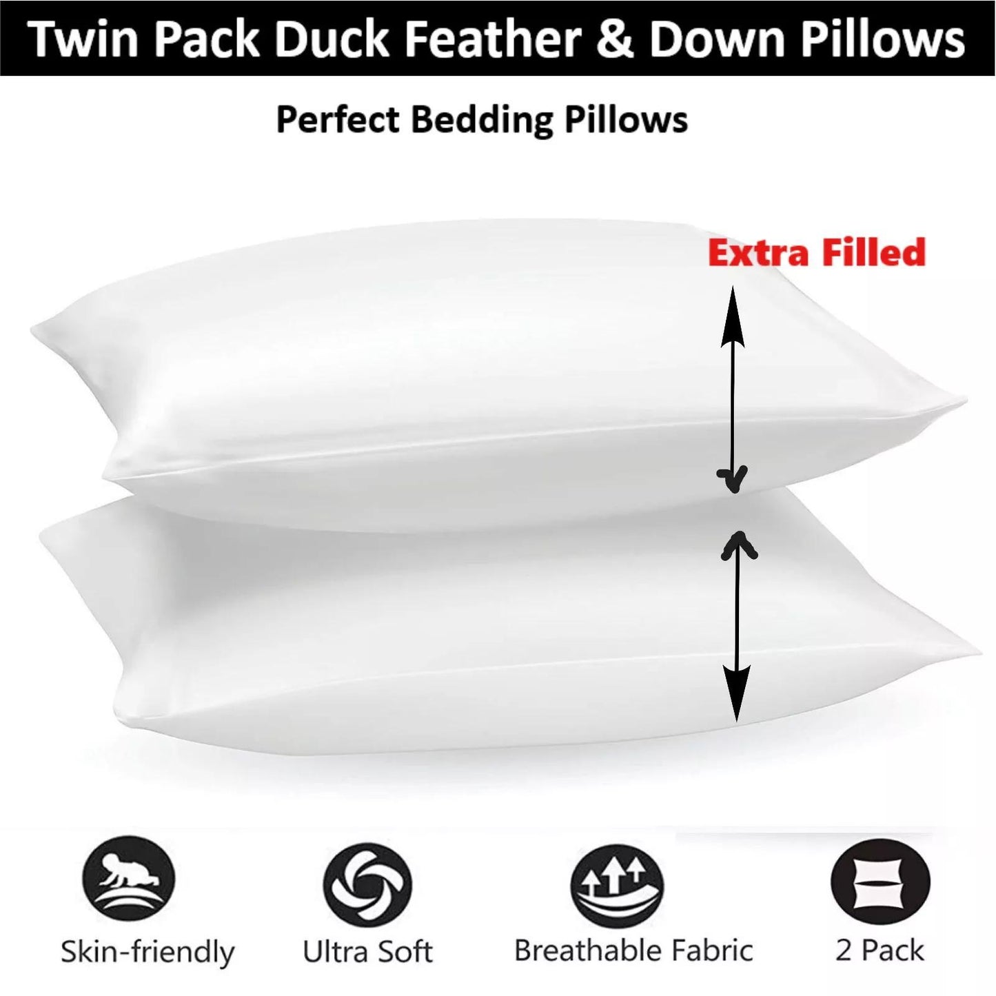 Duck Feather & Down Pillows Fluffy Filled Hotel Quality 100% Soft Luxury Microfiber Pack of 1or 2 & 4 From Local Warehouse
