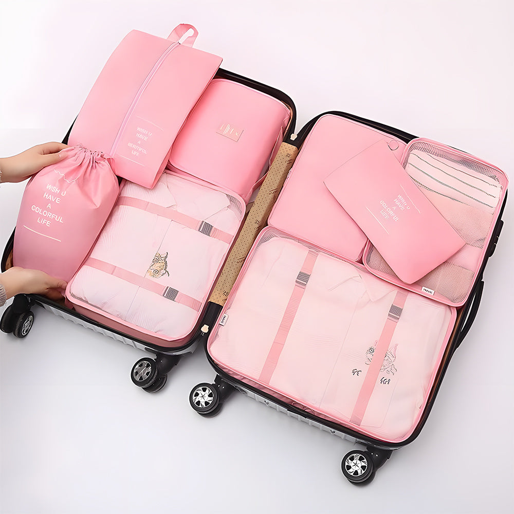 Packing Cubes Set of 7 for Suitcase – Travel Organiser Bags for Clothes, Shoes, Toiletries & Accessories, Oxford Fabric Luggage Sorting Pouches for Holiday & Business Travel in Grey, Pink, Blue & Beige