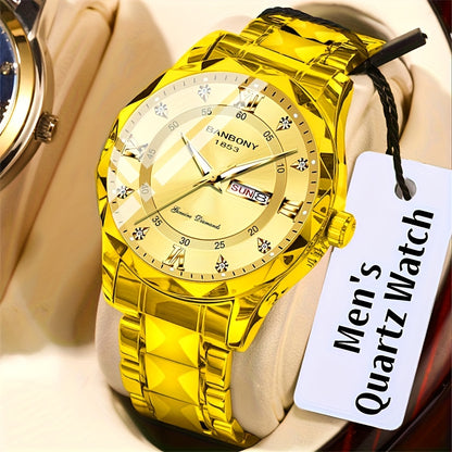 1 New Stainless Steel Men'S Quartz Watch with Roman Numerals, Rhinestone Dial, Date Calendar, Trendy Minimalist Luxury Brand, Luminous Sports Casual Business Multi-Functional Watch - Ideal Birthday Gift and Holiday Present, Elegant Watch For Men, Watch Fo
